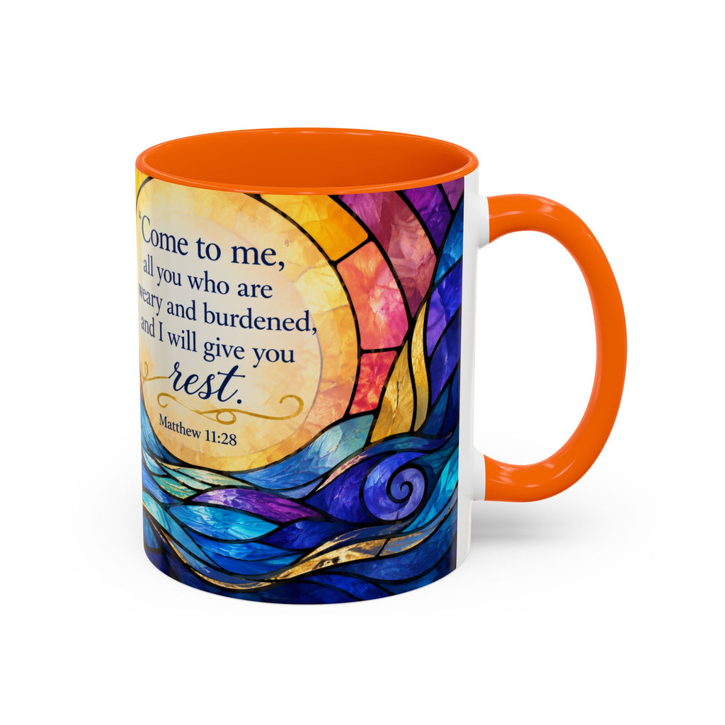 Matthew 11:28 Bible Verse Mug, Christian Coffee Cup, Come To Me All Who Are Weary Mug, Stained Glass Scripture Gift, Faith Prayer Mug