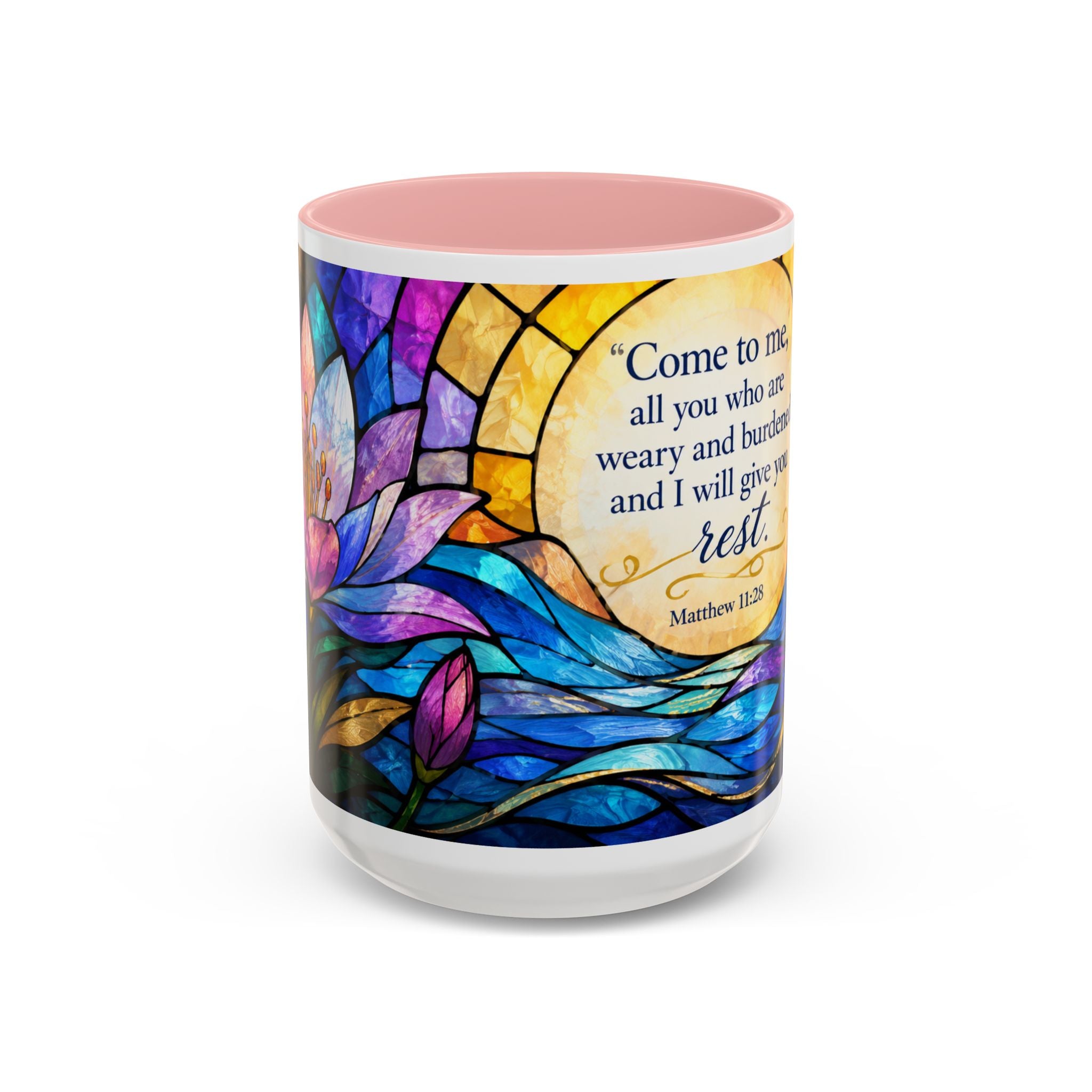Matthew 11:28 Bible Verse Mug, Christian Coffee Cup, Come To Me All Who Are Weary Mug, Stained Glass Scripture Gift, Faith Prayer Mug