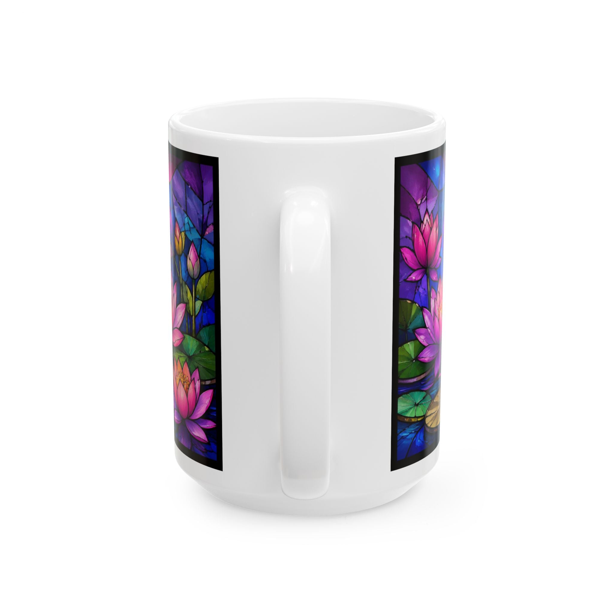 His mercies are new every morning Ceramic Mug | Lamentations 3:22-23, stained glass lotus design