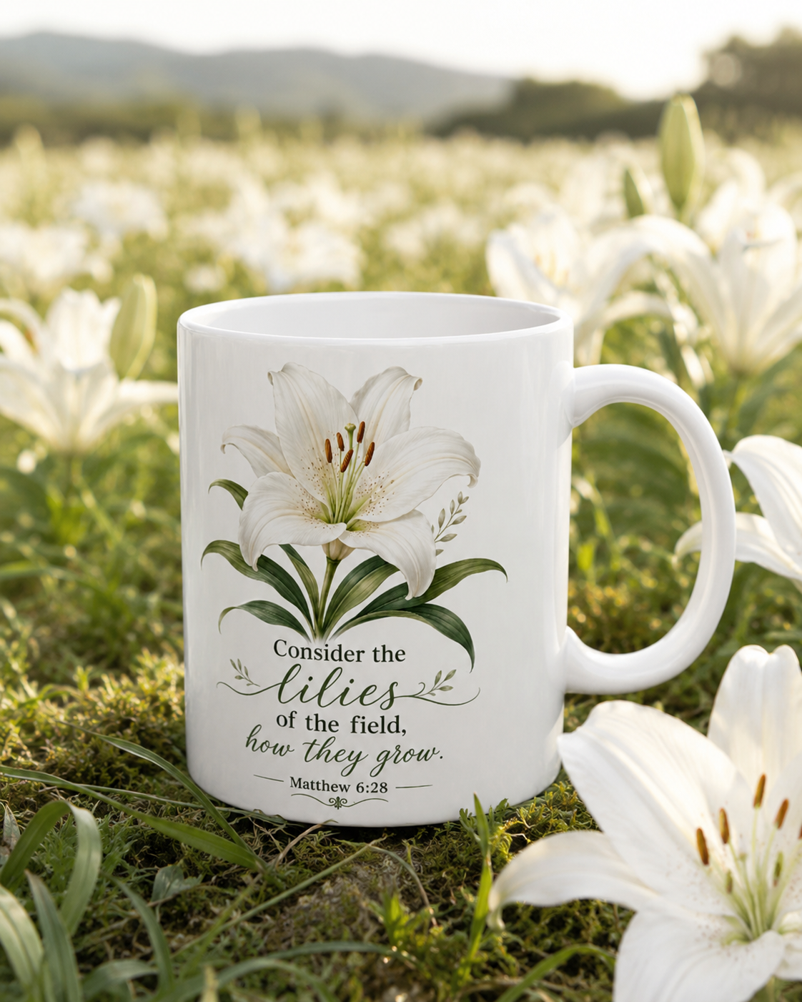 White Lily Floral Illustration Mug
