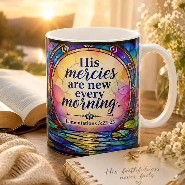 His mercies are new every morning Ceramic Mug | Lamentations 3:22-23, stained glass lotus design