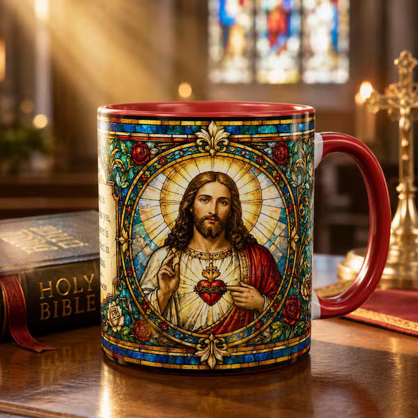 Sacred Heart Jesus Stained Glass Mug | Accent Coffee Mug 11oz 15oz