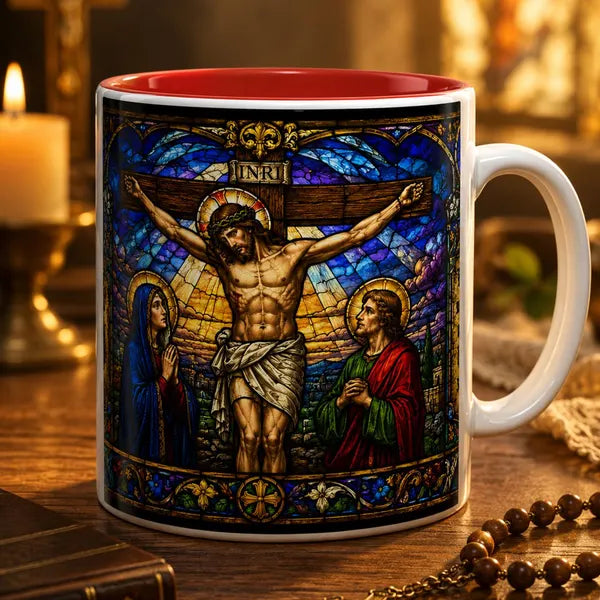 Jesus Crucifixion Mug, Christian Coffee Cup, Stained Glass Cross Mug, Faith Bible Mug, Religious Gift, Holy Bible Coffee Cup