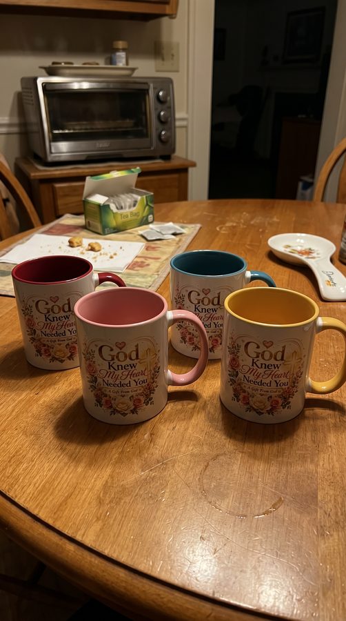 All four colors of the God Knew My Heart Needed You mug on a table