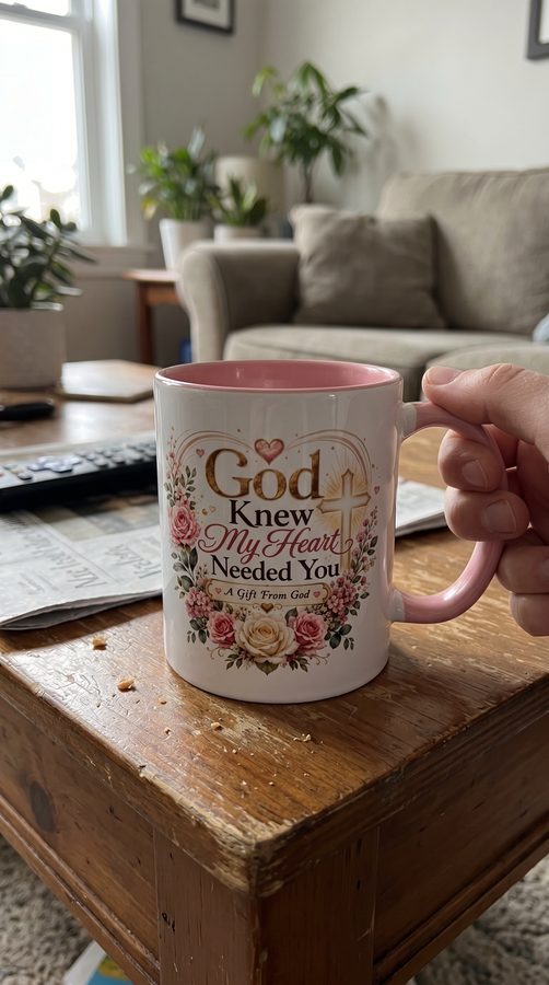 The pink God Knew My Heart Needed You mug on a coffee table